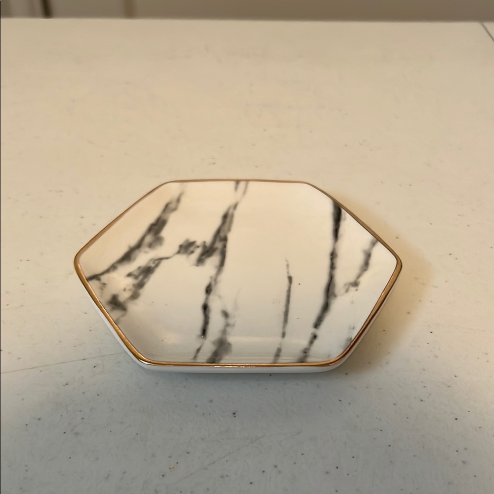 Hexagonal Marble Trinket Dish with Gold Trim